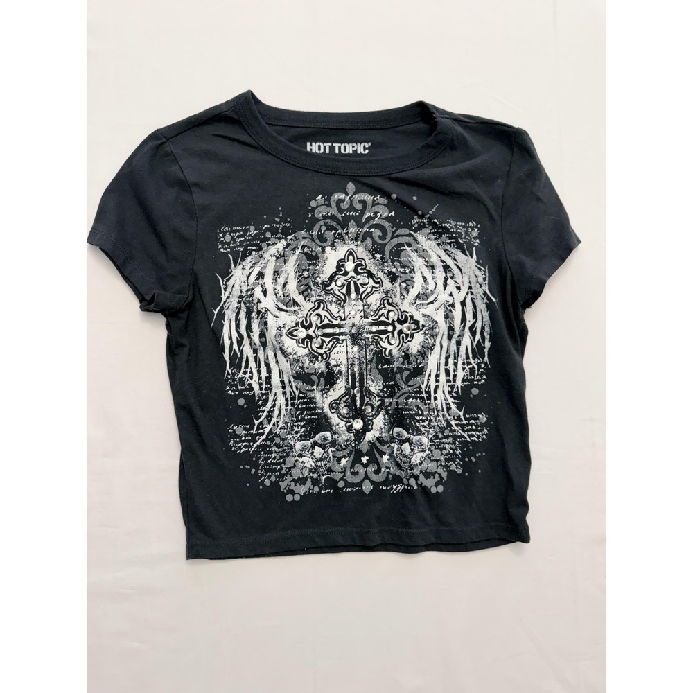 Hot Topic Shirt Juniors Medium Black‎ Cross Skull Rhinestone Cropped Graphic Tee